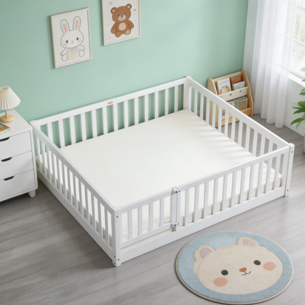 White Twin Toddler Floor Bed with Door Fence 12 Slats